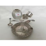 GLASS MATCH STRIKER WITH SILVER TOP, TWO SILVER NAPKIN RINGS, METAL ASH TRAY STAMPED ZILPLA 90,