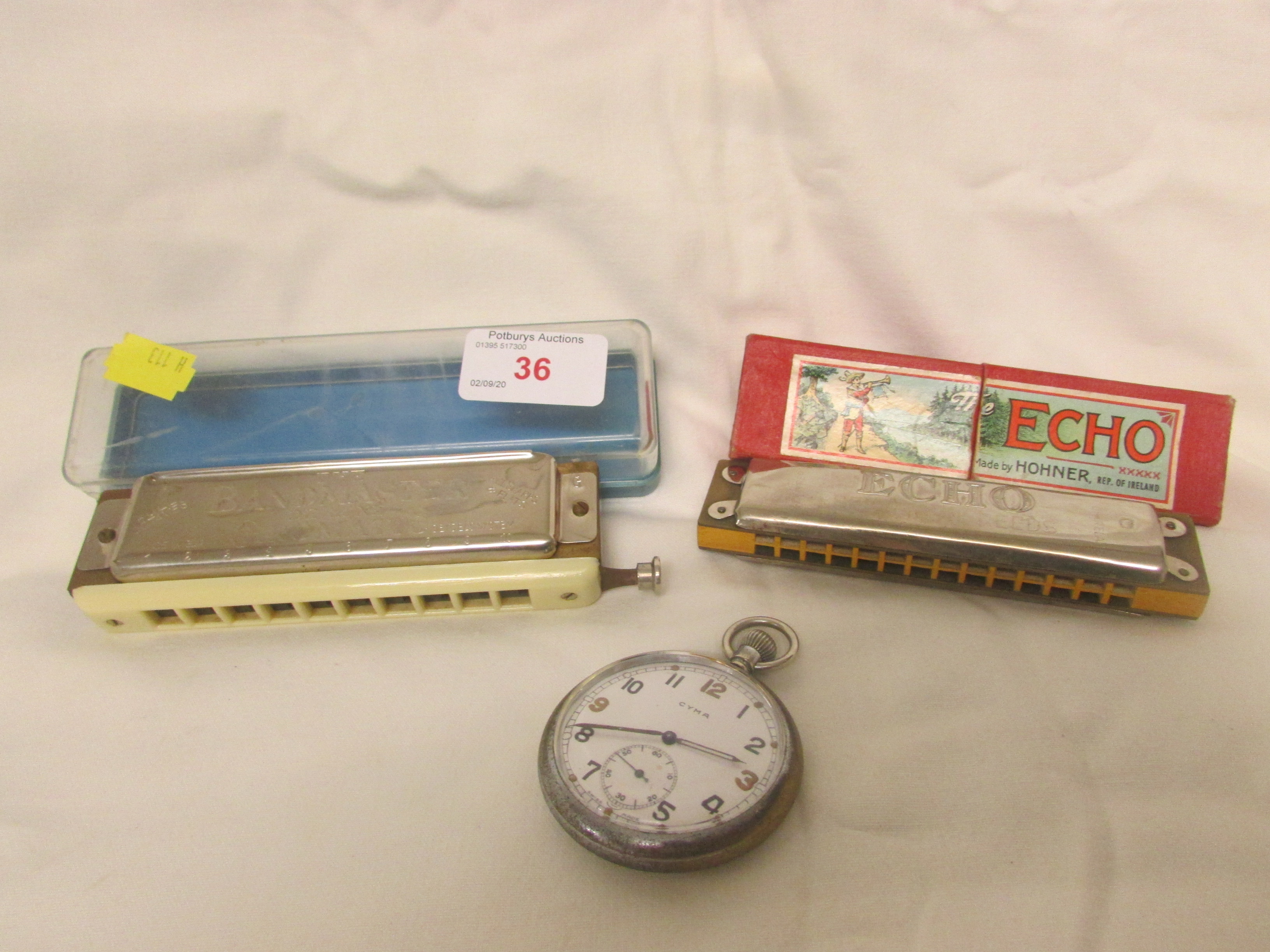 HOHNER ECHO HARMONICA, BAND MASTER HARMONICA IN CASE, CYMA POCKET WATCH MARKED WITH BROAD ARROW