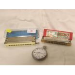 HOHNER ECHO HARMONICA, BAND MASTER HARMONICA IN CASE, CYMA POCKET WATCH MARKED WITH BROAD ARROW