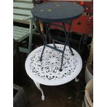 WHITE PAINTED CAST METAL GARDEN OCCASIONAL TABLE AND BLUE PAINTED METAL FOLDING TABLE