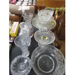 CUT GLASS DECANTER, VASES, MOULDED GLASS CAKE STAND, ETC