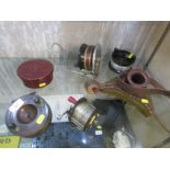 WOODEN AND BRASS FISHING, PENN FISHING REEL, ALVEY FISHING REEL WITH TWO SPOOLS, LEATHER BRACE AND