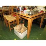 LIGHT OAK RECTANGULAR TABLE, WITH FOUR MATCHING CHAIRS WITH RUSH WOVEN SEATS