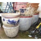 EIGHT ASSORTED CERAMIC AND COMPOSITE STONE GARDEN POTS (SOME WITH CONTENTS) TOGETHER WITH TWO