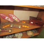VENEERED BOX, PIN BOX, PAIR OF VINTAGE SHOES, AND VINTAGE EXERCISE EQUIPMENT (ONE SHELF)
