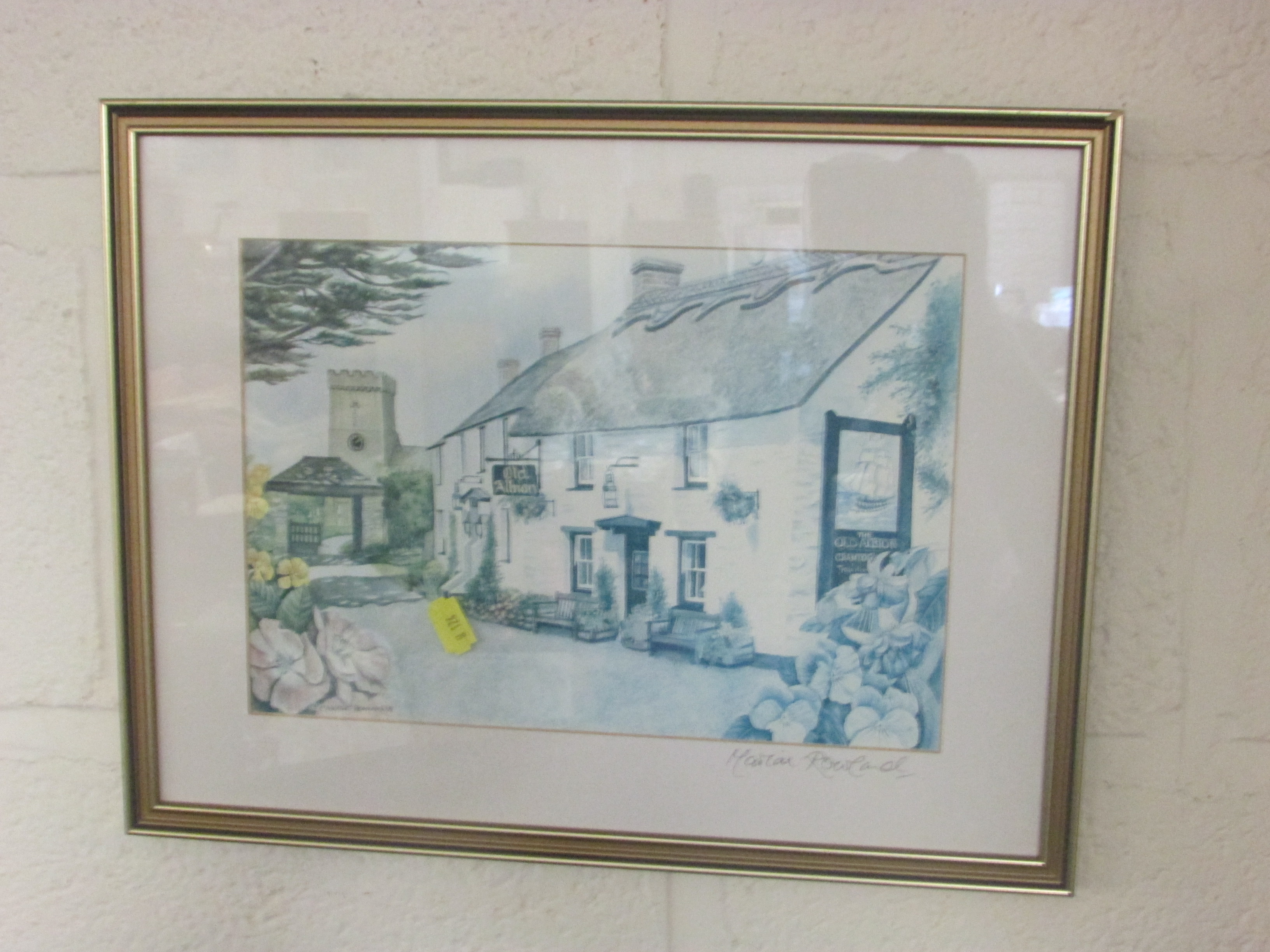 FRAMED WATERCOLOUR OF SUNRISE OVER HILL, AND FRAMED PRINT OF VILLAGE STREET - Image 3 of 3