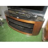 WOOD LAMINATE AND BLACK GLASS TELEVISION STAND OF OVAL SECTION