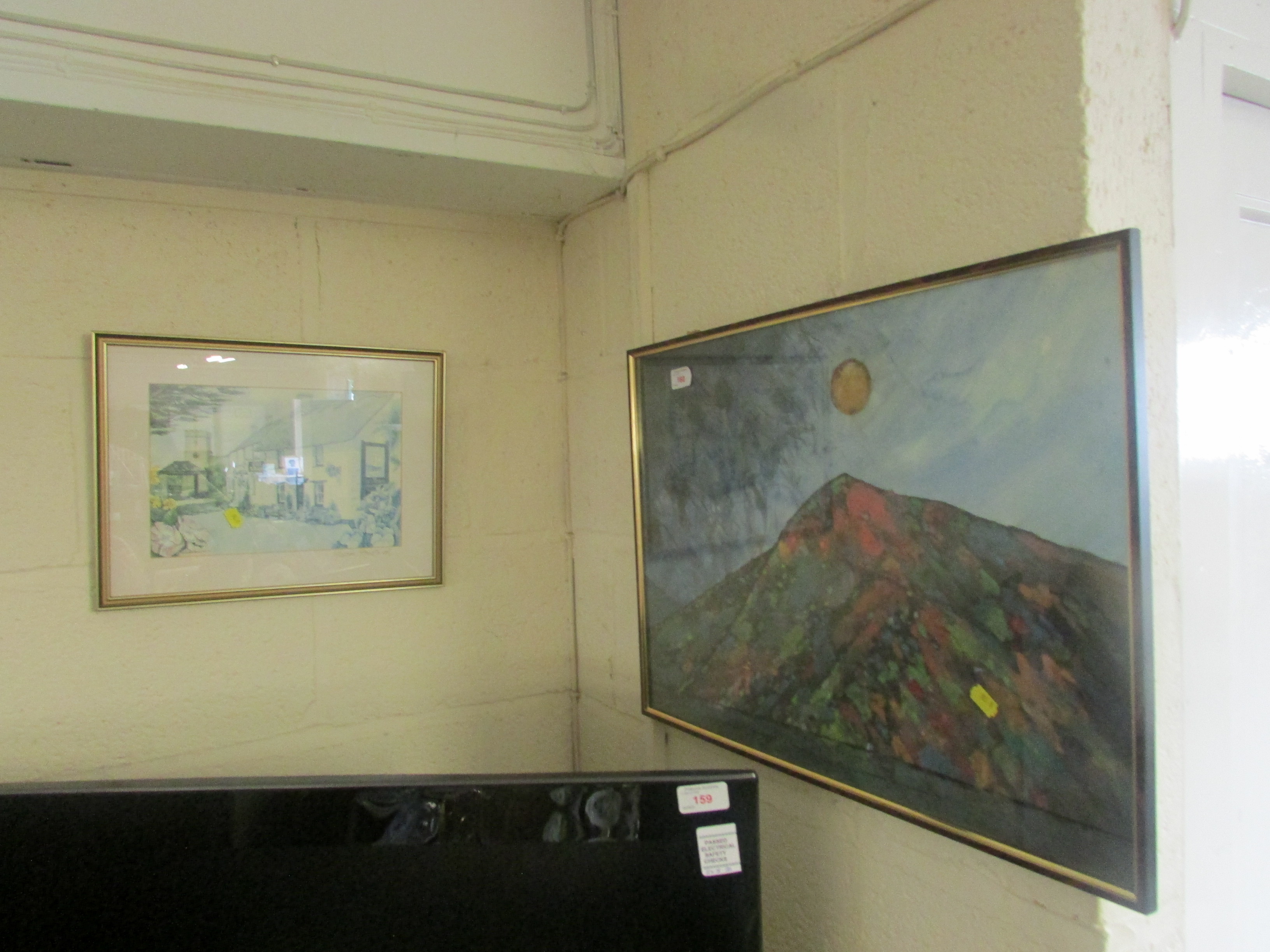 FRAMED WATERCOLOUR OF SUNRISE OVER HILL, AND FRAMED PRINT OF VILLAGE STREET - Image 2 of 3