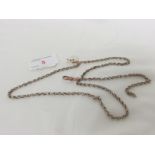 BROKEN YELLOW METAL WATCH CHAIN WITH TWO CLASPS, LENGTH ABOUT 62CM, CLASPS STAMPED 9CT, 12.5G