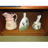 A WASH JUG AND TWO CHINA VASES DECORATED WITH IRISES