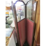 MAHOGANY FRAMED THREE-PANEL ROOM DIVIDER WITH GLAZED TOP SECTIONS AND PINK FABRIC BENEATH