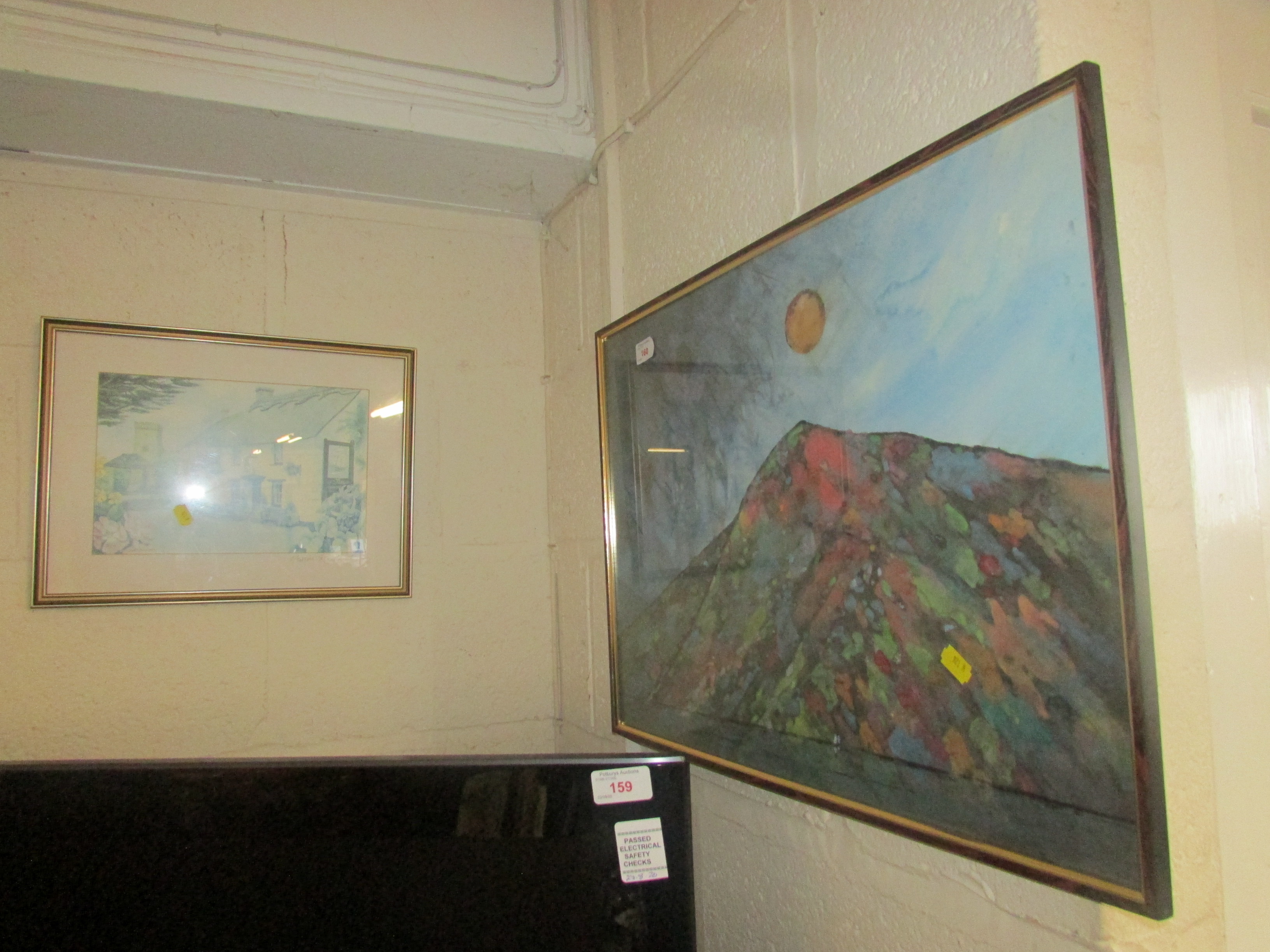 FRAMED WATERCOLOUR OF SUNRISE OVER HILL, AND FRAMED PRINT OF VILLAGE STREET