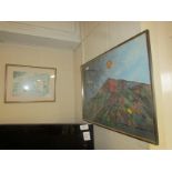 FRAMED WATERCOLOUR OF SUNRISE OVER HILL, AND FRAMED PRINT OF VILLAGE STREET