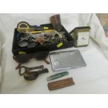 HORN BEAKER, TRAVEL CLOCK AND TRAY OF VINTAGE ITEMS INCLUDING LIGHTER CIGARETTE CASE