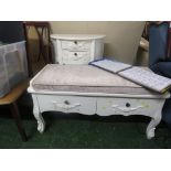 DUNELM CREAM PAINTED TWO-DRAWER DEMI-LUNE TABLE, AND A CREAM PAINTED TWO-DRAWER BENCH SEAT