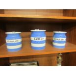 THREE T.G.GREEN & CO LTD CORNISH WARE BLUE BANDED HOUSEHOLD LIDDED STORAGE JARS WITH LETTERING;