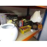 ONE SHELF OF HOMEWARE, PIE MAKER, FOOD PROCCESOR, JARS, TABLE LAMP AND OTHER ITEMS