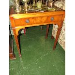 YEW VENEER SIDE TABLE WITH GREEN LEATHER TOP AND SINGLE DRAWER