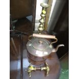 COPPER KETTLE, BRASS CANDLE STICK, BRASS DOOR HANDLE