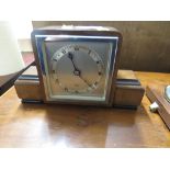 ELLIOTT ART DECO STYLE MAHOGANY MANTLE CLOCK, AND WOOD MOUNTED BAROMETER, THERMOMETER, AND