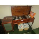 DYNATRON RADIOGRAM WITH GOLDRING G101 TURNTABLE IN MAHOGANY AND WALNUT VENEER WITH A PAIR OF