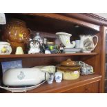 TWO SHELVES OF DECORATIVE CHINA, INCLUDING A DOULTON STONEWARE HOT WATER BOTTLE
