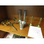 GILT BRASS WALL SCONCE, TWO PAIRS METAL CANDLESTICKS AND A ROYAL SELANGOR PEWTER CUP.