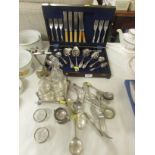 PART CANTEEN OF SILVER PLATED CUTLERY, CUT GLASS CONDIMENT SET IN SILVER-PLATED HOLDER, PAIR OF
