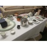 SELECTION OF HOMEWARE INC SAUCEPANS, CHINA VASES, CHINA WALL CLOCK AND DECORATIVE ITEMS