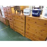 FIVE PIECE HONEY PINE BEDROOM SUITE INCLUDING TWO FIVE DRAWER CHESTS, TWO THREE DRAWER BEDSIDES