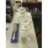 ROYAL DOULTON CANTON PATTERN TEAPOT, MILK JUG, SUGAR BOWL, CAKE PLATE AND SLICE