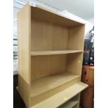 SIMULATED LIGHT WOOD OPEN BOOKCASE, AND A SIMULATED LIGHT WOOD STAND