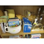 ONE SHELF OF HOMEWARE INCLUDING TABLE LAMPS, CLOTHES IRON, RADIO, CHAMBER POT AND MANTLE CLOCK