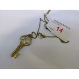 9 CARAT GOLD '21' KEY SHAPED PENDANT ON A GOLD-PLATED MICRO CHAIN.