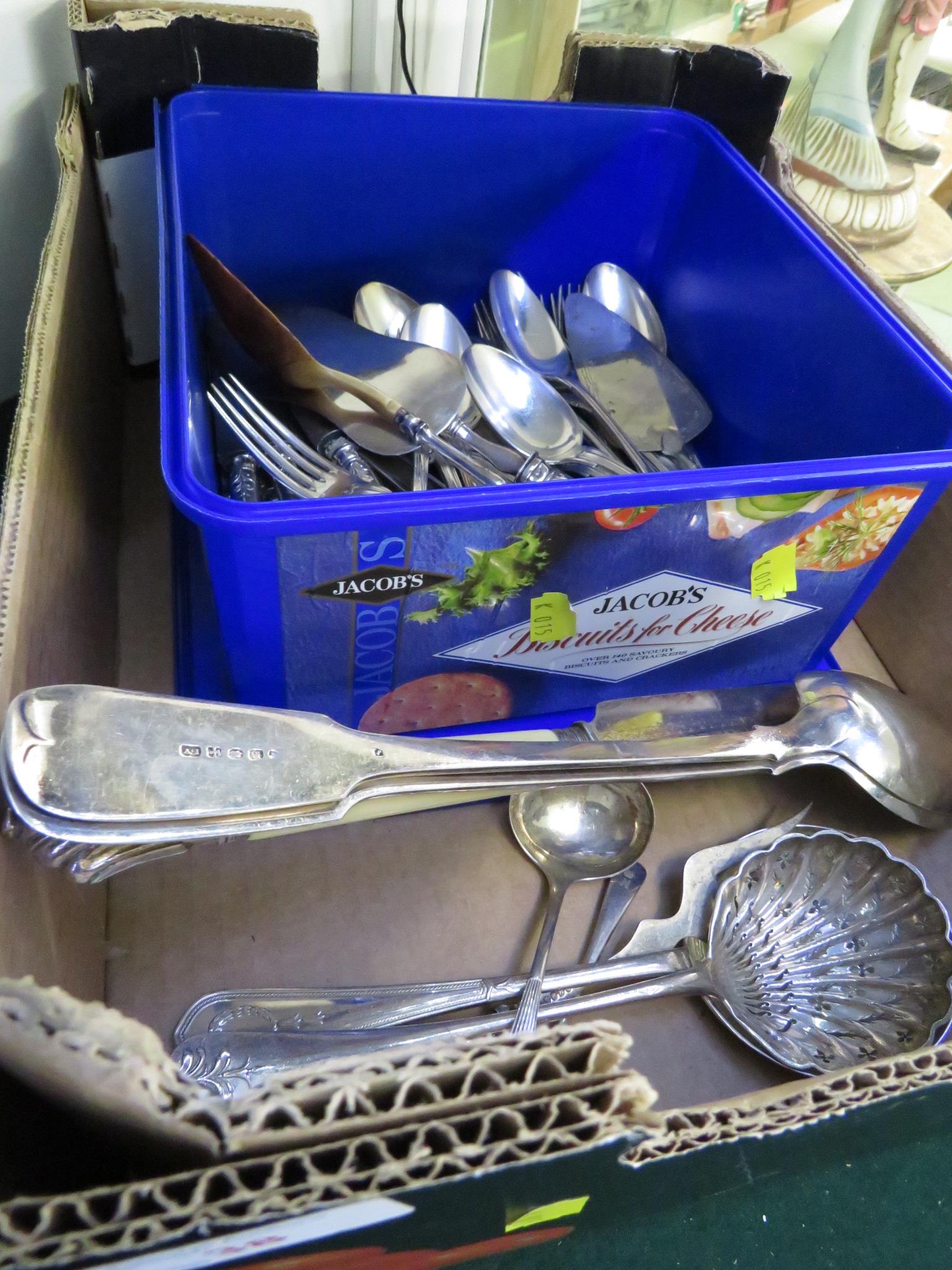 TRAY OF SILVER-PLATED CUTLERY, SOME STAMPED CHRISTOFLE, AND A SMALL BIRMINGHAM SILVER LADLE