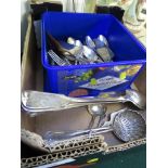 TRAY OF SILVER-PLATED CUTLERY, SOME STAMPED CHRISTOFLE, AND A SMALL BIRMINGHAM SILVER LADLE