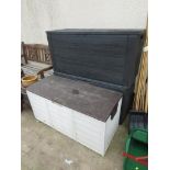 THREE PLASTIC GARDEN STORAGE BOXES