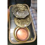 THREE BRASS WALL HANGINGS, COPPER TRAY, ENGRAVED BRASS TRAY