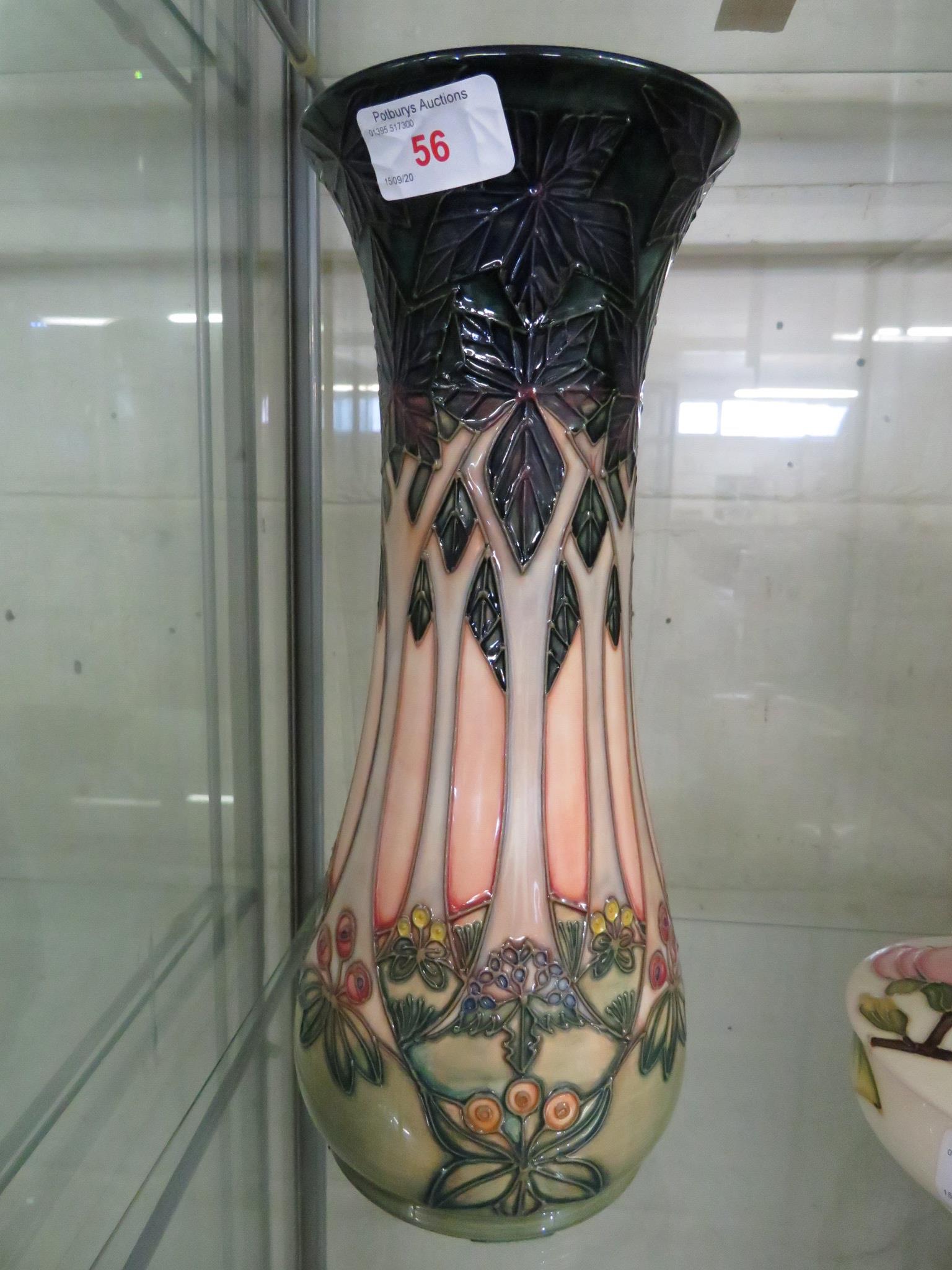 MOORCROFT BALUSTER VASE WITH STYLIZED TREES DESIGN, STAMPED AND PAINTED MARKS TO BASE, HEIGHT 30.