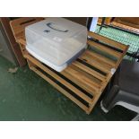 WOODEN SHOE RACK, PLASTIC FOOTSTOOLS, PLASTIC CAKE BOX