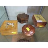 THREE WOODEN TRINKET BOXES WITH TURNED WOODEN POT WITH LID.