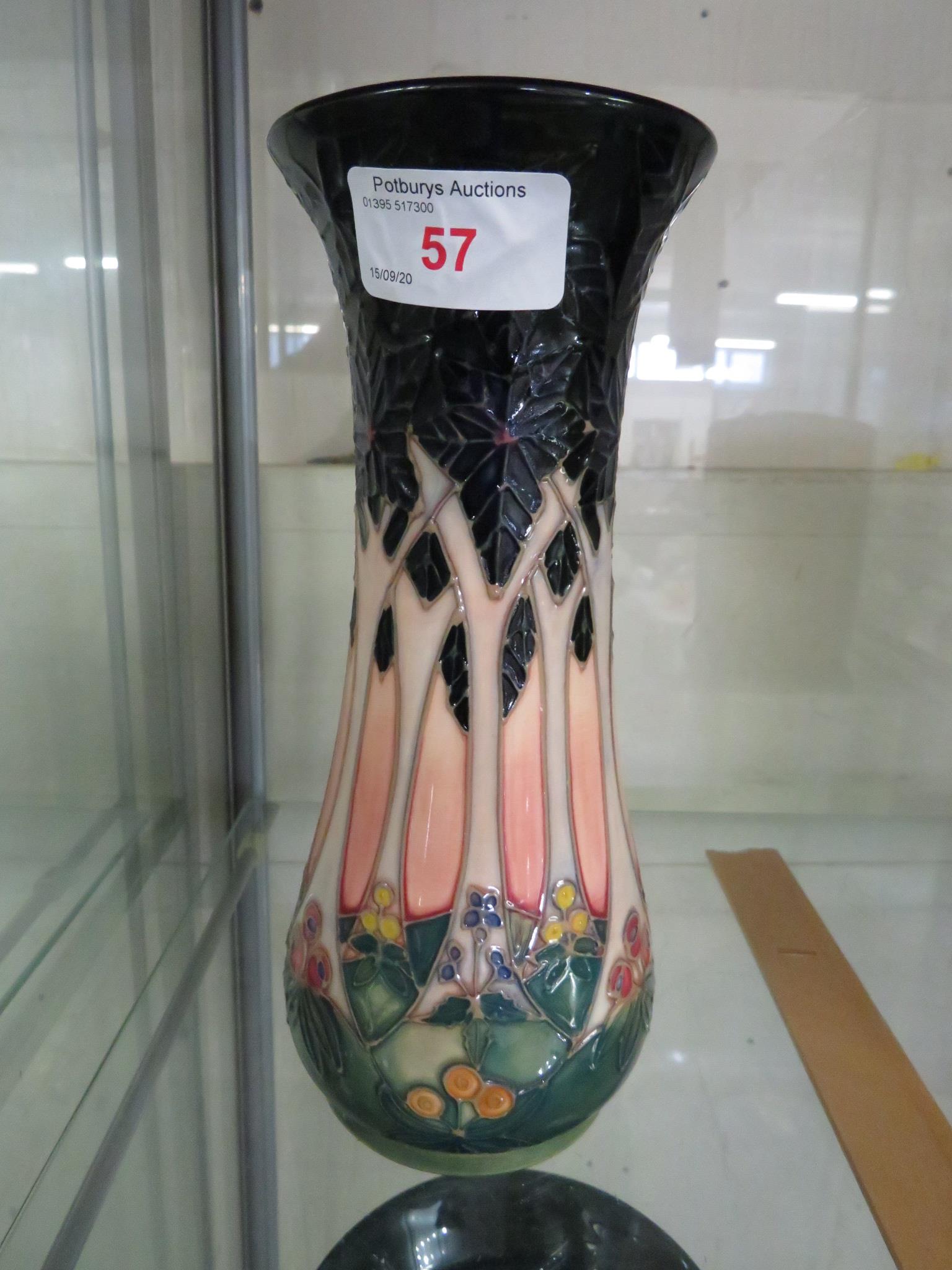 MOORCROFT SMALL BALUSTER VASE WITH STYLIZED TREES DESIGN, STAMPED AND PAINTED MARKS TO BASE,