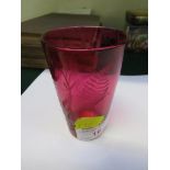 ETCHED CRANBERRY GLASS BEAKER WITH ENGRAVING 'LUCY PEARCE LIVERPOOL EXHIBITION 1886'.