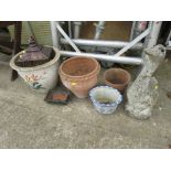 GARDEN POTS, BIRD FEEDER AND COMPOSITE STONE DUCK (A/F)