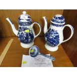 TWO BLUE AND WHITE POTTERY COFFEE POTS (A/F), WITH A POTTERY LADLE