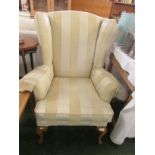 WINGBACK FIRESIDE ARMCHAIR IN STRIPED UPHOLSTERY ON CABRIOLE LEGS