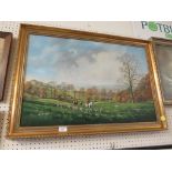 AN ACRYLIC ON CANVAS. LANDSCAPE DEPICTING FOX, HOUNDS AND COUNTRYSIDE BEYOND. SIGNED DONALD AYRES,
