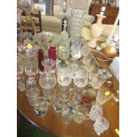 GLASSWARE INCLUDING WINE GLASSES, TUMBLERS, VASES, FRUIT BOWLS ETC