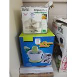 TWO BOXED ELECTRIC WOKS, BOXED BRAUN CITRUS PRESS, BOXED ICE CREAM MAKER ETC