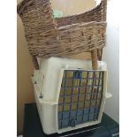 PLASTIC PET CARRIER AND WICKER PET BED